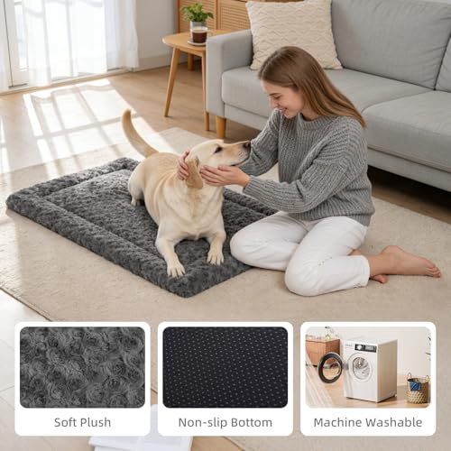 Washable Dog Bed Mat Ultra Soft Dog Crate Pad Comfy Fluffy Pet Kennel Beds Dog Sleeping Mattress for Large Jumbo Medium Small Dogs, 41 x 27 Inch, Gray - color: Grey, size: 41.00" x 27.00" x 1.50"