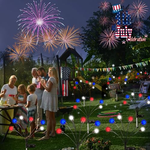 4th of July Decorations, 6 Pack Solar Firefly Lights Outdoor, 36 LED Waterproof Patriotic Decor Garden Lights with 2 Modes for 250th Anniversary National Yard Path Decorations (Red White and Blue) - color: Red White and Blue, size: 6 Pack
