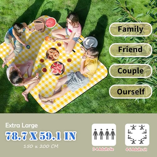 CUNCUI Large Picnic Blankets, 3 Layers Thick Soft Gingham Camping Blanket, 59X79IN Foldable Waterproof Rug, Portable Outdoor Mat for Beach Grass Hiking Park Travel, Sandproof, Machine Washable-Yellow - color: Yellow