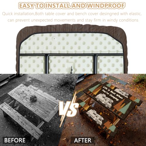 Picnic Table Cover with Bench Covers Elastic Edges, Outdoor Patio Camping Essentials 72 Inch 3PCS, Waterproof Camping Fitted Tablecloth with Handbags (Life is Best When You're Camping) - color: Wooden Camping Trailer