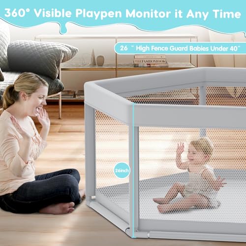 Fshibila 65" ×65" Hexagonal Baby Playpen, Baby Playard for Babies and Toddlers, BabyFence Play Pens for Indoor & Outdoor, Sturdy Safety Play Yard with Soft Breathable Mesh, Anti-Fall, Grey - color: Grey, size: 65 x 65 IN Hexagonal