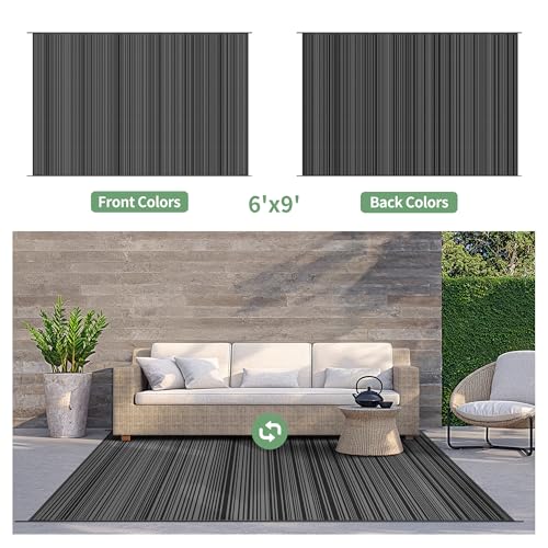 GENIMO Outdoor Rug 6x9 ft Waterproof, Reversible Plastic Straw Patio Rug for RV Camping Mat, Deck, Backyard Balcony Mat - Lightweight & Easy to Clean, BlackGray - color: Blackgray, size: 6' x 9' (Rectangular)
