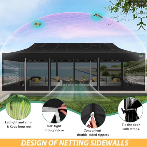 COBIZI 10x30 Pop Up Canopy with Sidewalls, Heavy Duty Canopy with Mosquito Netting, Easy up Screen Party Tents for Parties Backyard Outdoor Commercial Event Gazebo with Roller Bag, Sandbags, Black - color: Black, size: 10x30ft(standard)