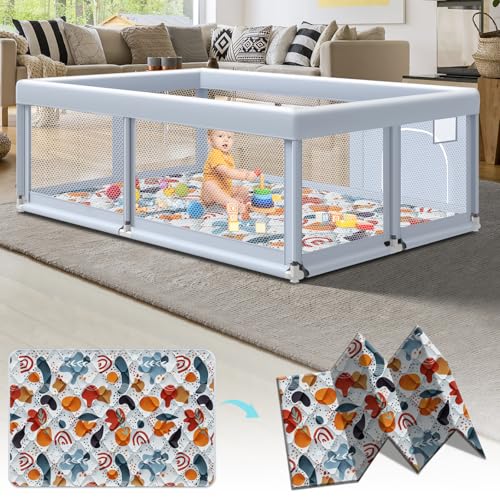Fshibila 65" ×50" Large Baby Playpen with Mat, Baby Playard for Babies and Toddlers, Play Pens for Indoor & Outdoor, Sturdy Safety Play Yard with Soft Breathable Mesh, Anti-Fall, Grey - color: Grey, size: 65 x 50 IN+MAT