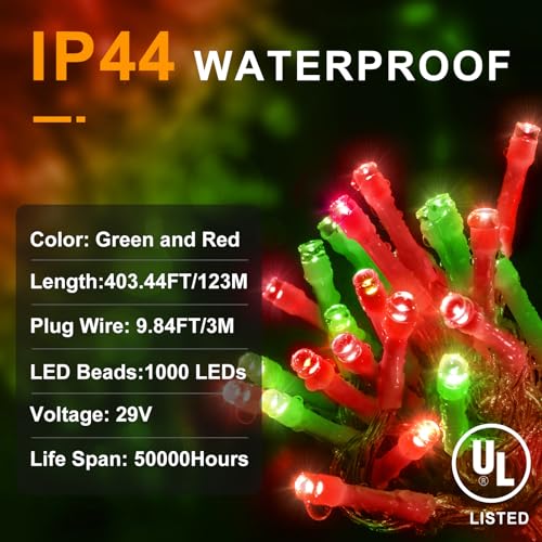 KNONEW 403ft 1000 LED String Lights Outdoor Christmas Lights 8 Modes & Timer Fairy Light Plug in Waterproof LED String Lights for Xmas Yard Tree Wedding Party Holiday Decorations (Red and Green) - color: Red and Green, size: 403FT 1000 LED