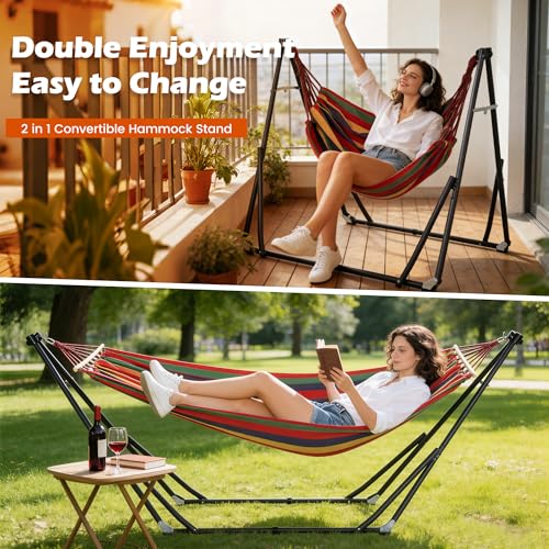 DlandHome Hammock with Stand, Heavy Duty Portable Hammock, 440 lbs Weight Capacity, Outdoor Hammock Chair with Carrying Bag & Adjustable Steel Stand for Patio, Garden, Beach, Backyard, Classic Red