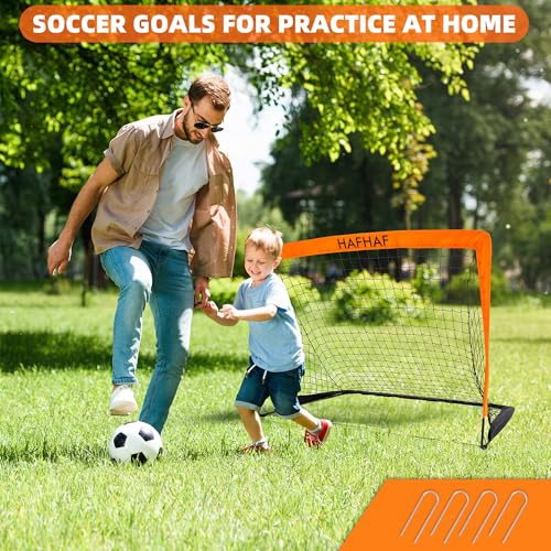 HAFHAF Soccer Goals, 4x3 ft Portable Kid Soccer Goals for Backyard with Ball, Ladder, and Cones Pop Up Soccer Net Soccer Set for Kids Age Youth and Toddler Games, Sports Outdoor Indoor - color: Orange