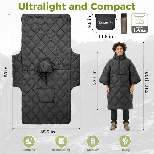 ATEPA Wearable Sleeping Bag, Recycled Water-Resistant Camping Blanket Poncho, Ultralight Packable Stadium Blanket for Outdoor - color: Black