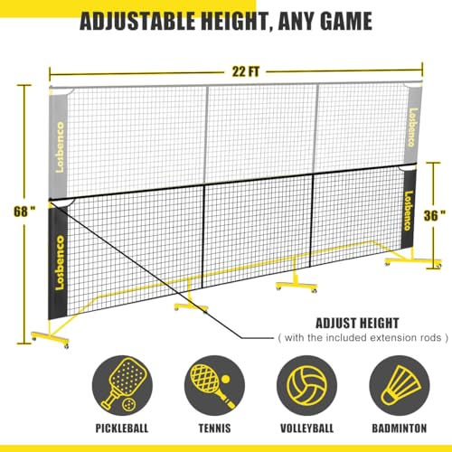 Losbenco Pickleball Net with Wheels Court Lines, Metal Frame & Regulation Size 22FT, 6-in-1 Adjustable Portable Net for Playing Pickleball, Tennis, Volleyball & Soccer Backyard Games - color: Yellow