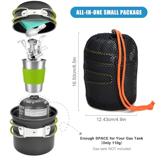 Odoland Camping Cookware Stove Carabiner Canister Stand Tripod and Stainless Steel Cup, Tank Bracket, Fork Spoon Kit for Backpacking, Outdoor Camping Hiking and Picnic - color: Green