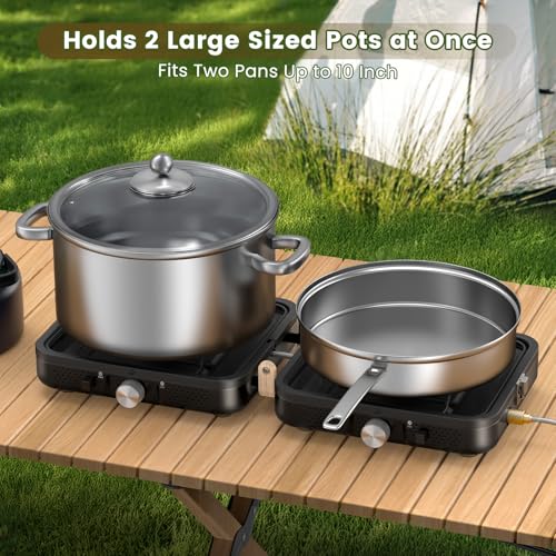 OGERY 2-Burner Foldable Camping Stove with Griddle (Textured & Smooth) and Carrying Bag, Portable Propane Camp Stove with 2 Adjustable Burners & Piezo Ignition, for Camping Tailgating Essentials Gear - color: Black