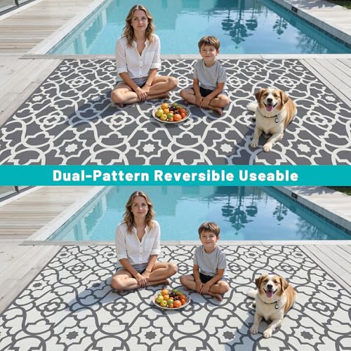 HEBE Outdoor Rug Waterproof 9x12, Plastic Straw Rug Camping Rug, Reversible Outdoor Patio Rugs RV Mat Clearance, Indoor Outside Floor Carpet for Porch,Deck,Camper,Balcony,Backyard - color: Grey, size: 9' x 12' (Rectangular)
