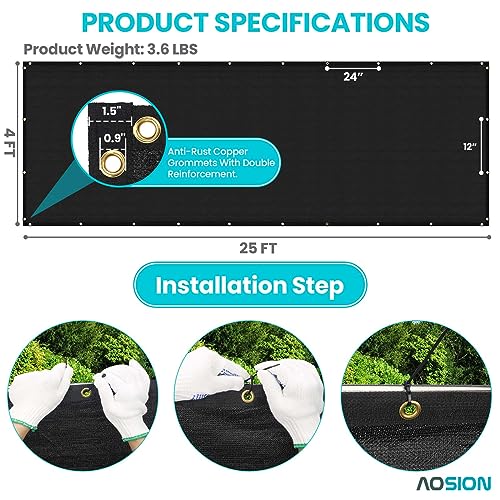 AOSION 4' x 25' Privacy Screen Fence 180 GSM Heavy Duty 90% Blockage Windscreen Mesh Shade Net Cover for Wall Garden Yard Chain Link Fence Privacy with Gloves & Zip Ties (Black) - size: 4' x 25' Black