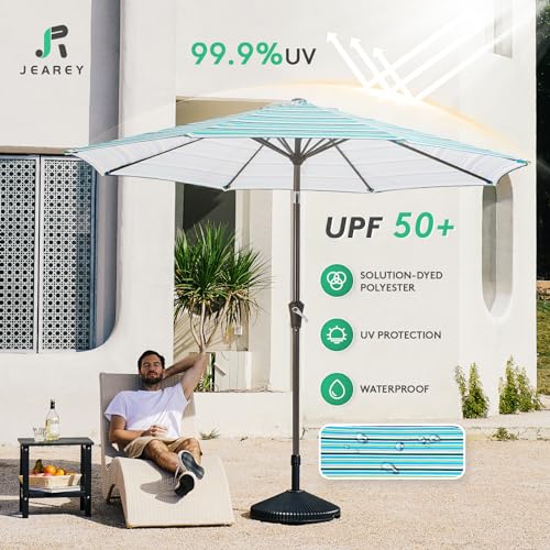 JEAREY 9FT Outdoor Patio Umbrella Outdoor Table Umbrella with Push Button Tilt and Crank, Market Umbrella 8 Sturdy Ribs UV Protection Waterproof for Garden, Deck, Backyard, Pool (Blue Green Stripe) - color: Blue Green Stripe
