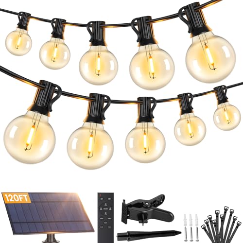 Brightever 120FT Solar String Lights Outdoor with Remote, Waterproof Dimmable 3 Modes Outdoor Lights with 50+2 LED Shatterproof G40 Bulbs, Solar Power Patio Lights for Outside Wedding Party Decor - size: 120FT