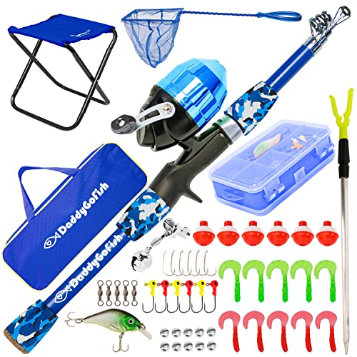 DaddyGoFish Kids Fishing Pole - Rod Reel Combo Tackle Box Starter Set - First Year Small Dock Gear Kit for Boys Girls Toddler Youth Age Beginner Little Children Junior Anglers - color: Blue (Complete Set), size: 5ft