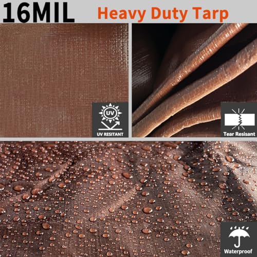 Tarps Heavy Duty Waterproof 16x20ft, 16Mil Poly Tarps with Grommets, UV Resistant, Brown Multipurpose Tarpaulin with Reinforced Edges, Camping, Outdoor Coverings - color: Brown-16mil, size: 16'×20'