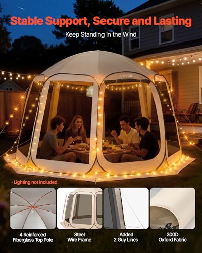 VEVOR Pop up Screen House Tent, 12 x 11 ft, 10-12 Person Screen Gazebo, Portable Screened in Canopy with Carry Bag, Netting Sides, Ground Stakes, for Garden, Patio, Backyard, Outdoor Activities, Beige - color: Beige, size: 12x11x7.55 Ft