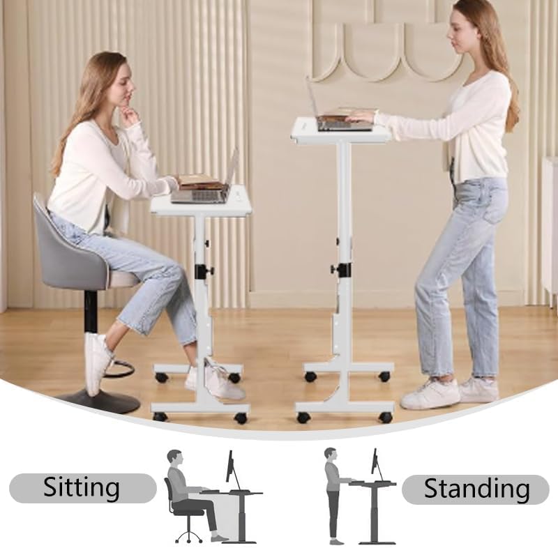 Portable Standing Desk Adjustable Height 27.5"-43.3", Small Computer Desk with Wheels, Foldable Home Office Desk, Folding Table for Laptop, Rolling Desk for Small Space, White