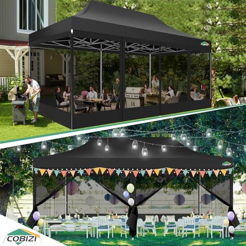 COBIZI 10x20 Heavy Duty Pop up Canopy with 6 Sidewalls, Canopy Tent with Mosquito Netting, Easy up Screen Party Tent for Parties Wedding Outdoor Patio Commercial Gazebo with Roller Bag, Black - color: Black, size: 10x20ft(standard)