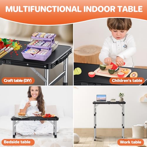 FUNYKICH Camping Table with Waterproof Plastic Tabletop 22.8''x15.7'', 3 Height Adjustable Small Folding Table, Lightweight Portable Picnic Table with Carry Handle for Picnic Beach Travel,Black Silver - color: Black Silver