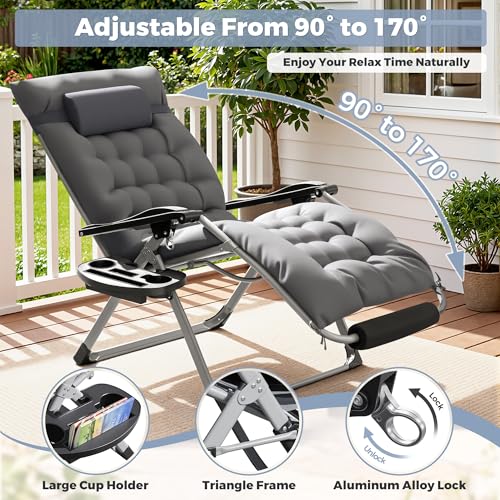 Homall Oversized Zero Gravity Chair, 32In Recliner Lounge Chair with Removable Soft Cushion and Cup Holder, Adjustable Anti Gravity Chair Folding Patio Chairs Padded for Indoor and Outdoor, Grey - color: Grey, size: 1 Set