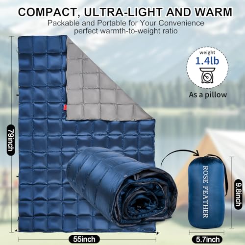 Down Camping Blanket - Lightweight, Packable, Warm & Puffy Outdoor Travel Quilt for Sleep, Hiking, Backpacking, Stadium, Festivals, Water-Resistant Sleeping Bag 55"x79" - color: Deep Sky Blue, size: 1LB 6OZ / 79" x 55"