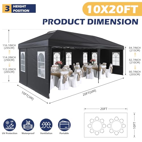 EROMMY 10x20 Heavy Duty Pop Up Canopy Tent with 6 Removable Sidewalls, Waterproof UV50+ Gazebo with Mosquito Netting, Easy Setup Instant Shelter for Backyard, Party, Wedding & Commercial Use, Black - color: Black, size: 10’x 20’