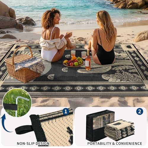 Garvee Waterproof Outdoor Rug 5x8, Cactus Botanical Outdoor Plastic Straw Rug for Camping, Reversible RV Mat Outside, Indoor Outdoor Carpet for Porch, Deck, Backyard, Balcony, Picnic, Black & Brown - color: Black & Brown-cactus, size: 5' x 8' (Rectangular