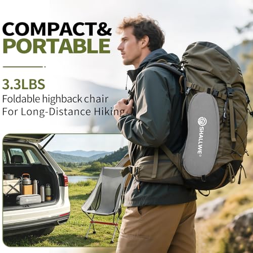 SHALLWE Camping Chairs, All Aluminum Frame Portable Folding Camp Chair for Adults, Heavy Duty High Back Collapsible with Built-in Pillow, Side Pocket, Carry Bag for Backpacking, Hiking, Beach - color: Grey