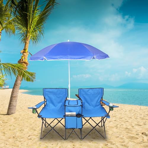 Outvita Folding Double Camping Chair w/Umbrella Beverage Holder Carrying Bag Cooler Fold Up Table, Large Bearing Capacity for Beach Patio Pool Park Outdoor Blue - color: Blue