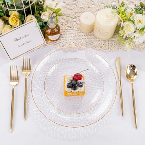 Rubtlamp 60Pcs Clear Plastic Plates,Clear Disposable Plates With Gold Rim,Heavy-duty Gold Plates,Hammered Party Plates Include 30Clear Dessert-Platos,30Dinner-Platos for Wedding, Party - color: Clear Gold