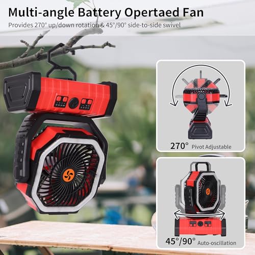 Battery Powered Fan Portable,20000mAh Rechargeable Camping Fan with LED Lantern,Auto-Oscillating USB Personal Battery Operated Fans Portable for Tens & Hanging Hook (Red) - color: Red