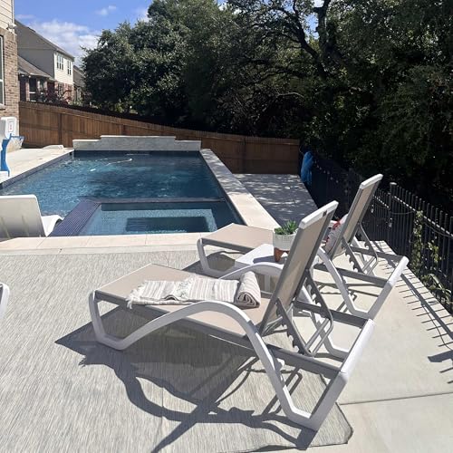 PURPLE LEAF Patio Chaise Lounge Chair Set Outside Aluminum Plastic Stackable Tanning Chairs with Armrests and Side Table for Pool Sunbathing Beach Deck Outdoor Lounger, Khaki - color: Khaki, style: 2 chairs(w/Arms) + 1 table