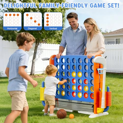 Wdmiya Giant 4 Outdoor Game Set, 4-in-1 Height Adjustable Jumbo 4-in-a-Row Game with Ring Toss, Basketball Hoop & Golf, Backyard Games for Kids & Adults, Includes Mesh Pocket (Upgrade Blue) - color: Upgrade Blue