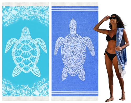 Widdonen 2 Pack Turkish Beach Towel Quick Dry Absorbent Cotton Lightweight Thin Bathroom Bath Pool Swim Towels Extra Large Oversized Sand Free Beach Accessories Essentials Stuff Cloud Adults Gift - color: 2 Pack Blue Dark Blue Turtle, size: X-large(79 X 3