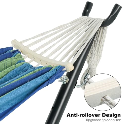 Gafete Double Hammock with Stand for Outside, Upgraded Spreader Bar, Heavy Duty Space Saving Steel Stand 2 Person, Side Pockets, Easy Assembly, 600lbs Weight Capacity, Indoor & Outdoor (Green Blue) - color: Green Blue