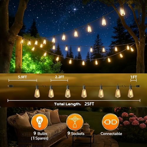 25FT Outdoor String Lights, Waterproof Patio Lights with Shatterproof ST38 Vintage Edison Bulbs, Connectable Outside Hanging Lights for Backyard, Porch, Deck, Balcony, Garden, 2700K Dimmable - size: 25FT-1
