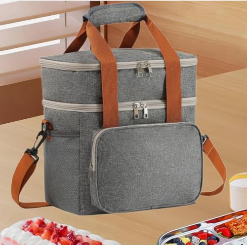 Double Layer Cooler Bag – Leakproof Thermal Food Storage Tote with Shoulder Strap – Large Capacity for Work, Travel, or Picnic – Available in Gray, Black & Navy Blue - color: Grey