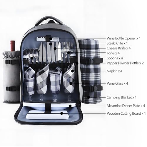 Picnic Backpack for with Cooler Compartment, Includes Fleece Blanket, Detachable Wine Holder & Cutlery Set, All-in-One Portable Insulated Family Picnic Bag Cooler Bag Outdoor Dining Backpack