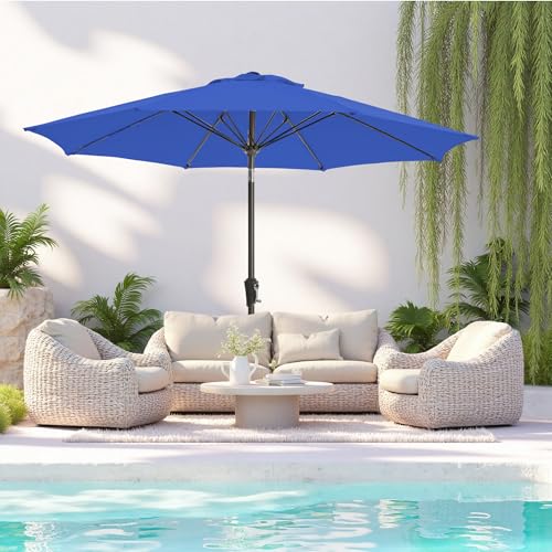 9FT Large Outdoor Patio Umbrella Market Table Umbrella-UV Resistant, Easy Push Button Tilt and Crank, 8 Sturdy Ribs Heavy-Duty Pool Umbrella for Deck,Blue - color: Blue, size: 9 FT