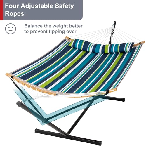 Hammock with Stand for Outside, Double Hammock with Stand, Pillow and Portable Bag, 450 Lbs Capacity, Green Blue Stripes - color: Green Blue Stripes