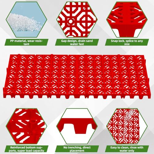 10 Pcs 15.7" x 15.7" Heavy Duty Ground Protection Mats, Interlocking Non-Slip Floor Mat, Heavyweight Gravel Grid Drive on Lawn, 6613 lb Load Permeable Paver for Parking, Outdoor Event Flooring, Red - color: Red