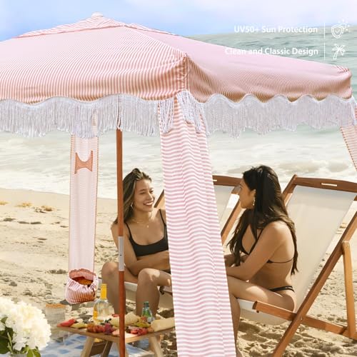AMMSUN Beach Cabana with Fringe, 7' x 7' Boho Beach Canopy with Tassels, Easy Set up & Premium Wood Pole, Cabana Tent with Sand Pockets, Instant Sun Shade for Sand, Garden, Patio, Pink Stripes - color: Pink Stripes