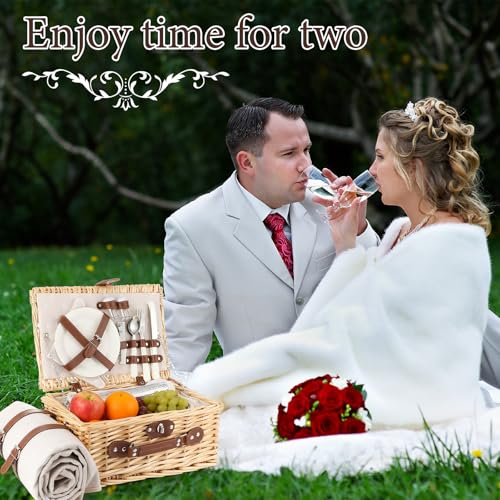 Picnic Basket for 2, Engagement Wedding Bridal Shower Gifts for Couples Bride, Wicker Picnic Basket with Waterproof Blanket & Insulated Liner Willow Hamper Set for Mr and Mrs Outdoor Camping