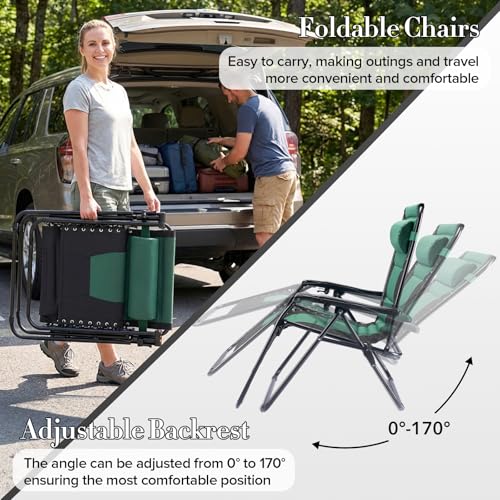 NEWBULIG Padded Zero Gravity Chair, Foldable Outdoor Lounge Chair for Patio, Camping & Backyard, Portable Anti-Gravity Recliner, Adjustable Locking, Removable Tray, 330 lbs Capacity, Black & Green