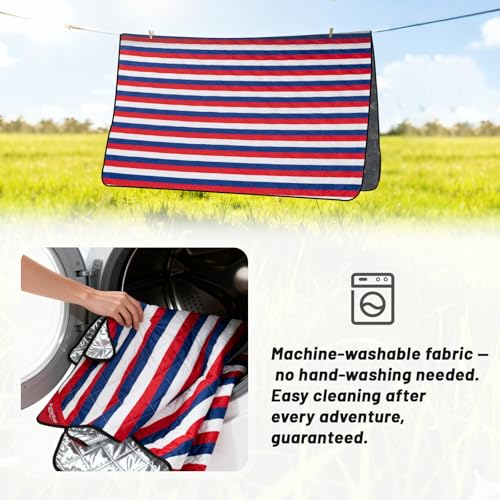 Picnic Blanket Waterproof 80"x80" – Extra Large Outdoor Blanket for Beach, Park, Grass, Lawn, Camping, Sandproof, Foldable & Portable Mat, Wedding Registry Gift for Family & Travel - color: Red White & Blue Stripe