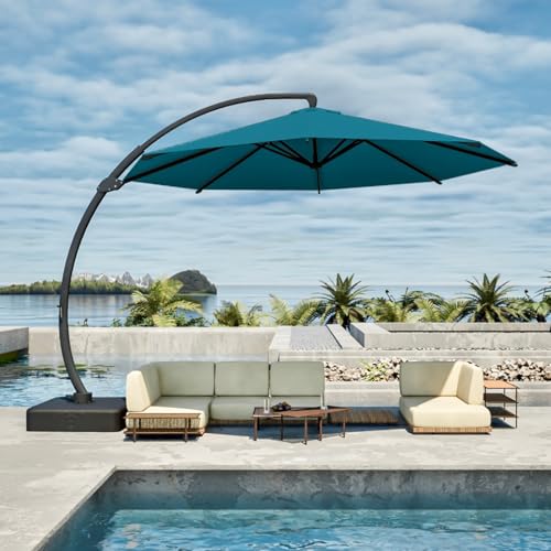 12FT Cantilever Umbrella with Base Large Curvy Outdoor Aluminum Offset Umbrella w/ 360° Rotation, UV Resistant Canopy for Patio, Garden, Backyard, Lake Blue - color: Lake Blue, size: 12FT