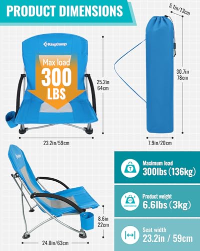KingCamp Low Beach Chair, High Back Folding Camping Chair for Adults, Oversized Breathable Mesh Seat, 300lbs Heavy Duty Portable Chair with Cup Holder & Storage Pockets for Beach, Outdoor - color: Shoreline-blue-1 Pack