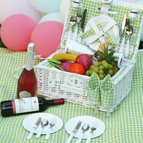 Neti Neti Wicker Picnic Basket for 4 with Insulated Cooler & Waterproof Blanket – Large Willow Picnic Hamper for Outdoor, Camping, Beach, Romantic Dates, Valentine’s Day - color: Green Plaid